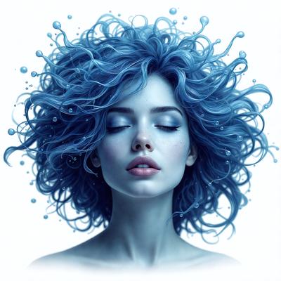 The primary subject of the image is a woman with blue hair, who is looking upward. She has a blue-green color to her hair, which gives her a unique and striking appearance. The setting is a white background, which provides a clean and minimalist look to the image. The visual style is a digital art, as the woman's hair appears to be digitally manipulated to have a blue-green hue. The colors and mood of the image are vibrant and lively, with the woman's striking hair color being the focal point of the image.